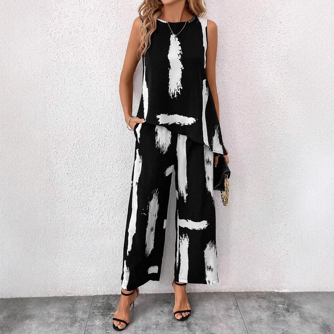 Boho Brushstroke Print Sleeveless Set - Asymmetric Top & Wide Leg Pants, Casual Loose Fit Outfit for Women