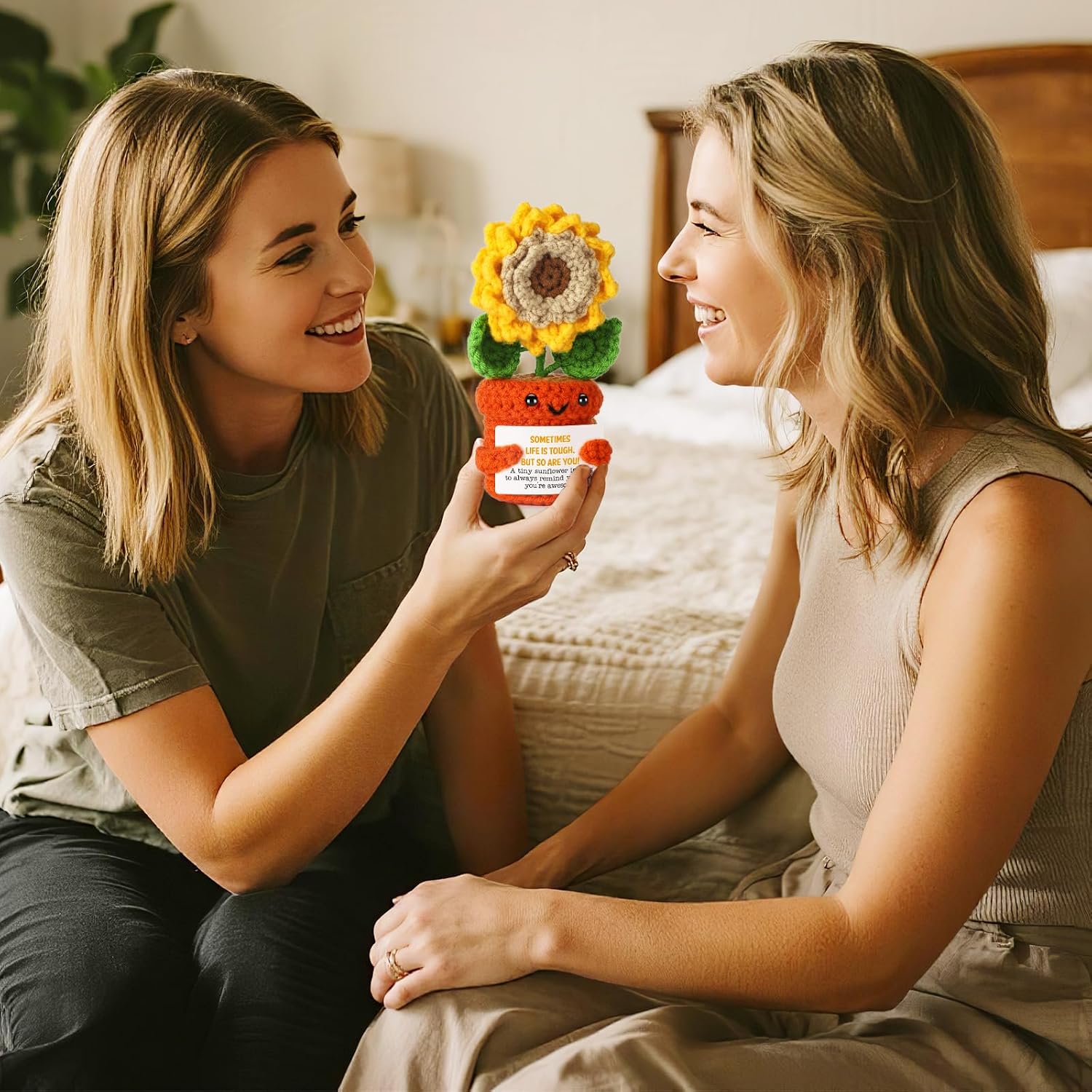 Graduation Positive Crochet Sunflower Basket Gift for Friend Teacher Son Daughter, Self Love Gifts for Women Men Inspirational Crochets Gifts for Coworker, Mini Cute Handmade Present Crochet Doll