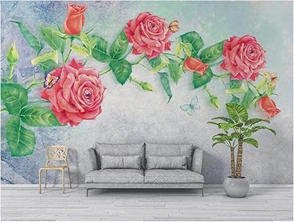 Amazon 粘着性の取り外し可能な壁紙 手描きの赤いバラのウェディングルーム 壁紙のはがしと貼り付け装飾的な壁紙家の装飾モダンなリビングルーム 250x175cm 壁紙