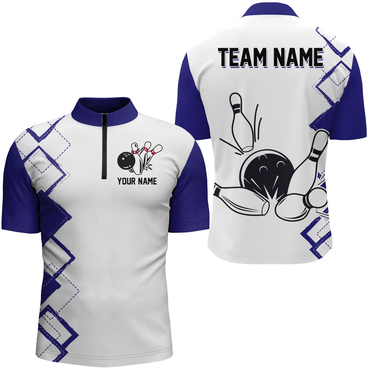 PIONAMZIOZ Custom Camo Blue & White Bowling Shirt Bowling Jerseys Polo & Quarter-Zip Team Shirt for Men Women (US, Alpha, Small, 5X-Large, Regular, Regular, Men Quarter-Zip)