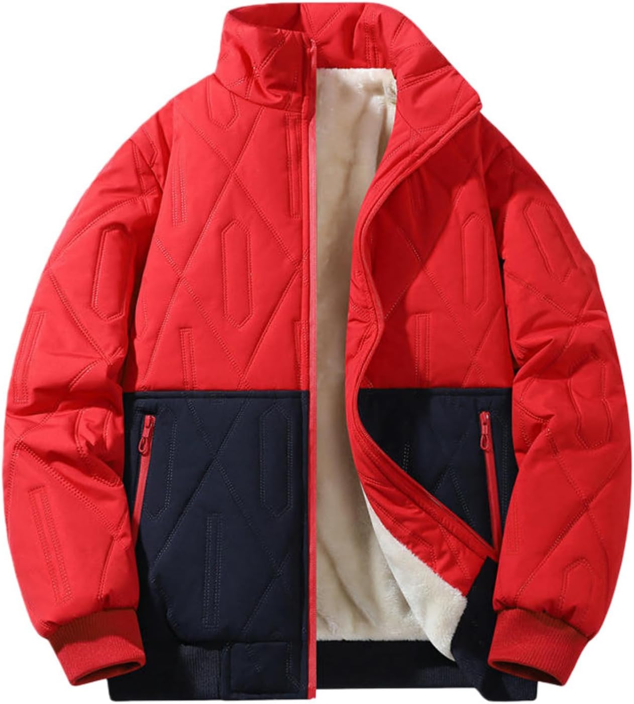 Men's and Women's Winter Stand Collar Fleece Lined Patchwork Loose Warm Padded Jacket