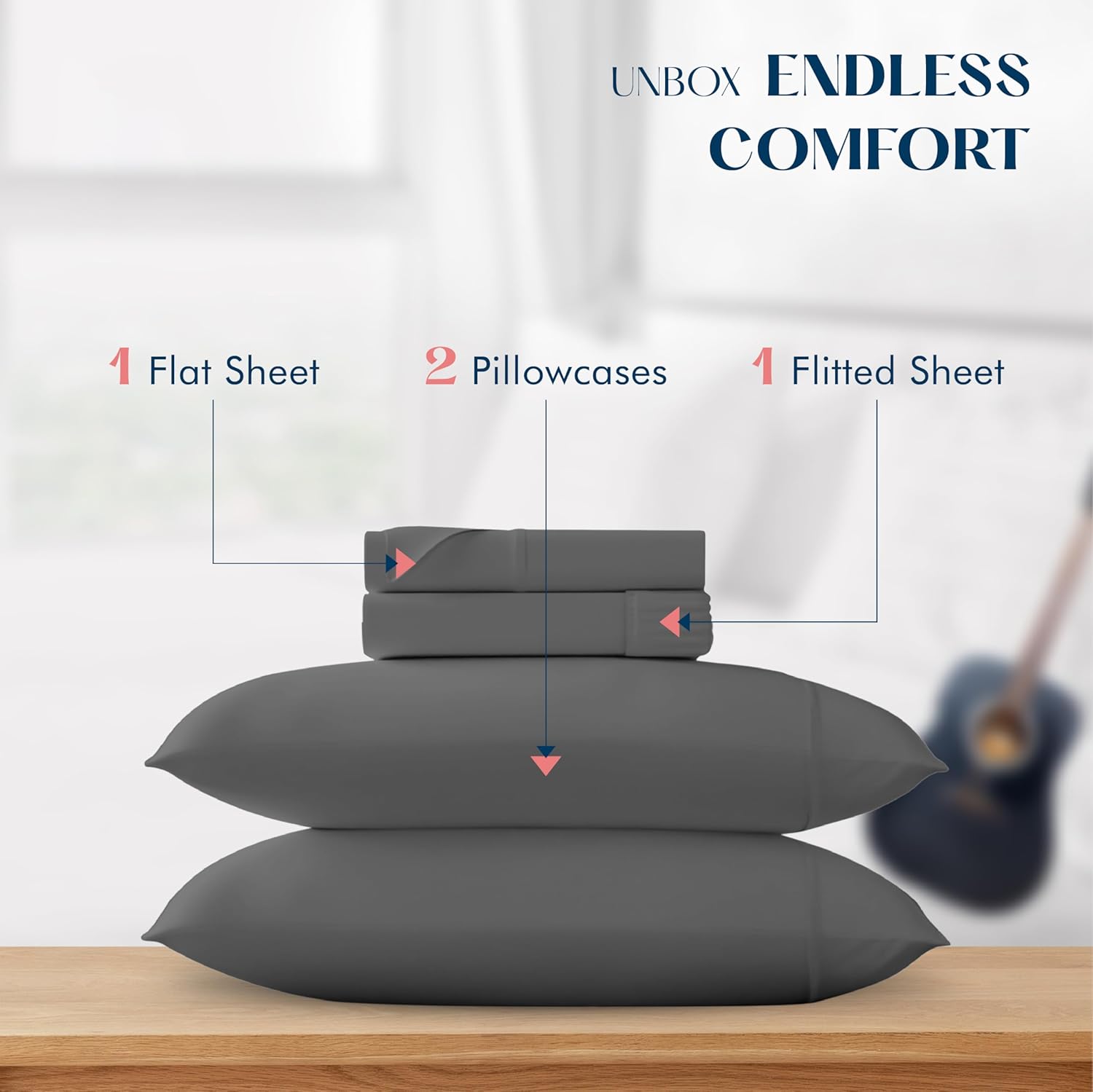 XOOX Linen California King Size Sheets Set Cotton - 500 Thread Count 100% Cotton Cal King Sheets 4 PC Set (Dark Grey), Ultra Soft, Cooling, Hotel-Quality 16" Deep Pocket Sateen Weave Bedsheet