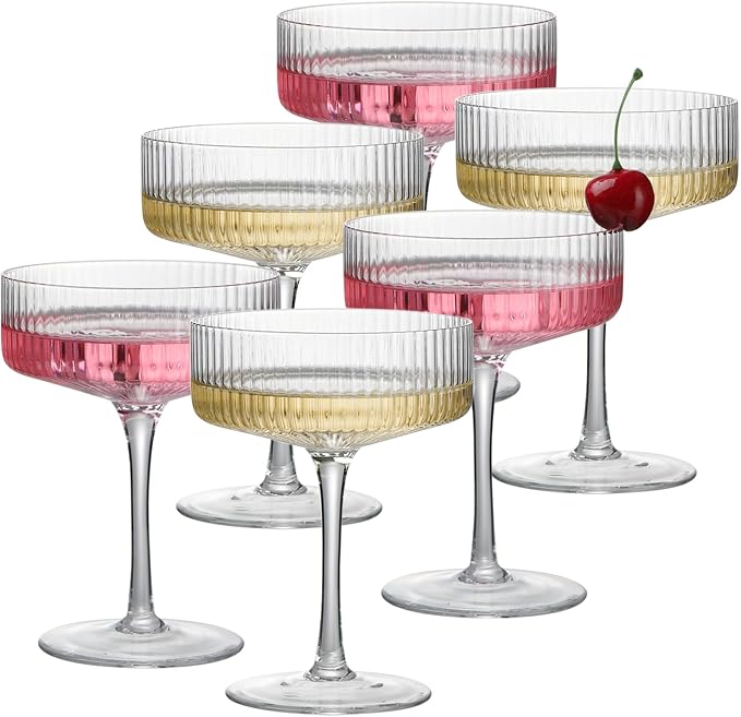 6 Pcs Ribbed Coupe Glasses, 10 oz Vintage Cocktail Coupe Glasses Set, Unique Martini Glass, Classic Galssware, Bar Drinking Glasses Set Pefect for Cocktail, Wine