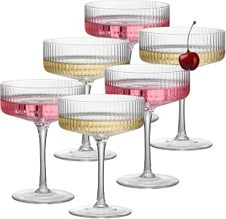 6 Pcs Ribbed Coupe Glasses, 10 oz Vintage Cocktail Coupe Glasses Set, Unique Martini Glass, Classic Galssware, Bar Drinking Glasses Set Pefect for Cocktail, Wine