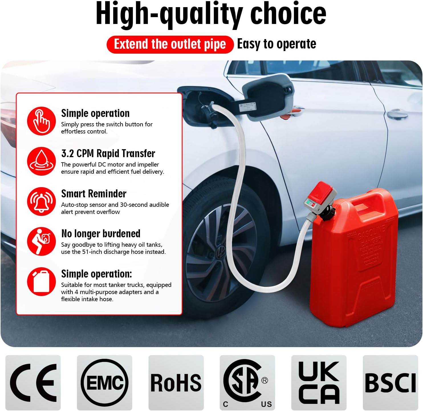 Automatic Fuel Transfer Pump with Auto-Stop Sensor | Stop Lifting Heavy Cans | 51” Extra Long Hose | 3.2GPM Gasoline Transfer Pump | Battery & USB Powered | 4 Can Adapters for Gas, Diesel, Oi