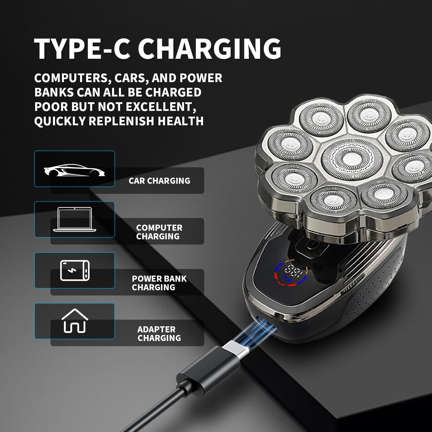 5-in-1 Electric Shaver for Men, Waterproof 9-Blade Razor Kit for Shaving Head & Face, LCD Display, Magnetic Head, Nose/Beard Trimmer, Cleaning & Massage Brush, Travel, 60min Runtime