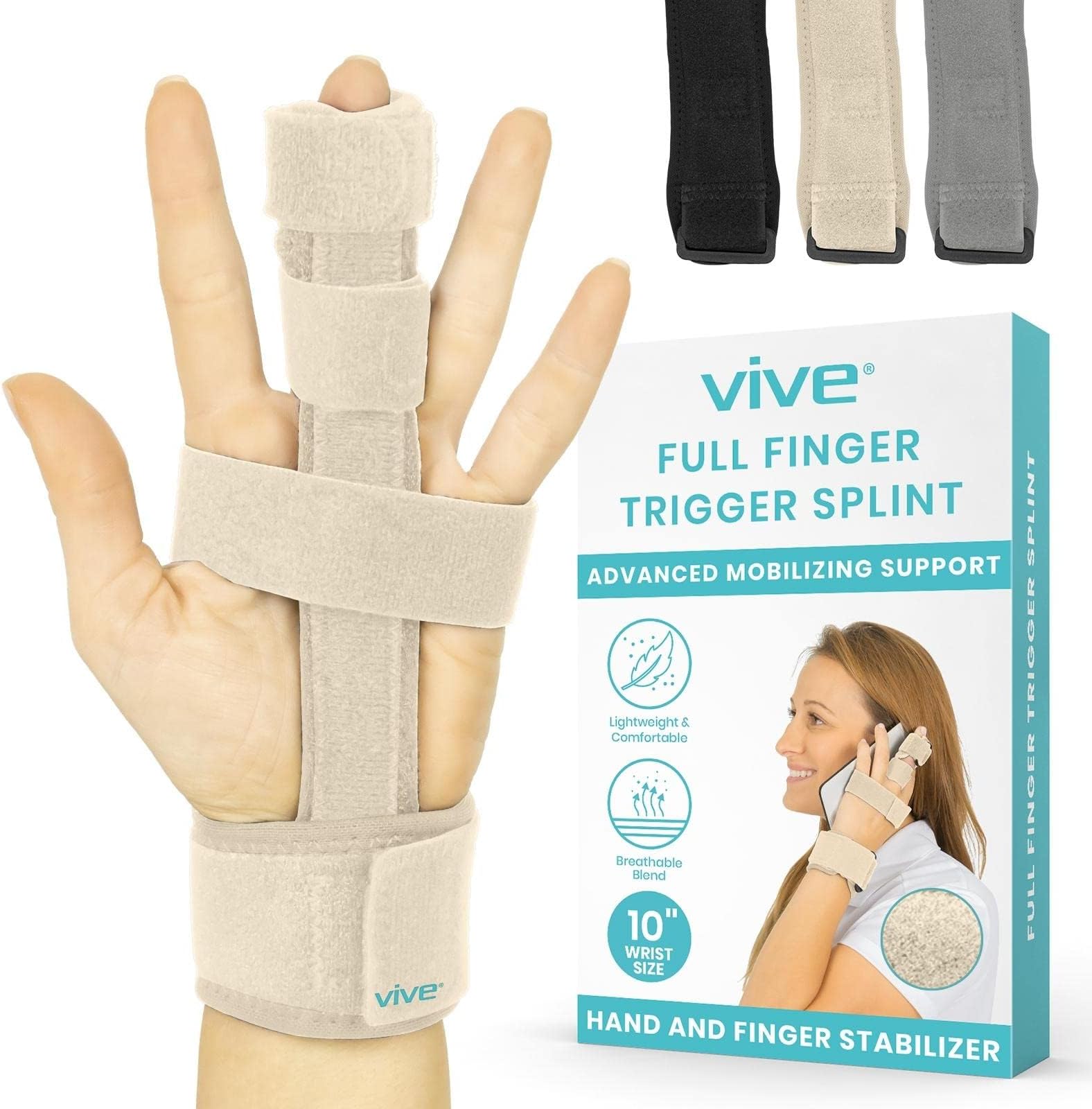 Vive Trigger Finger Splint - Full Hand and Wrist Brace Support - Adjustable Locking Straightener - Straightening Immobilizer Treatment For Sprains, Mallet Injury, Arthritis, Tendonitis (Beige)