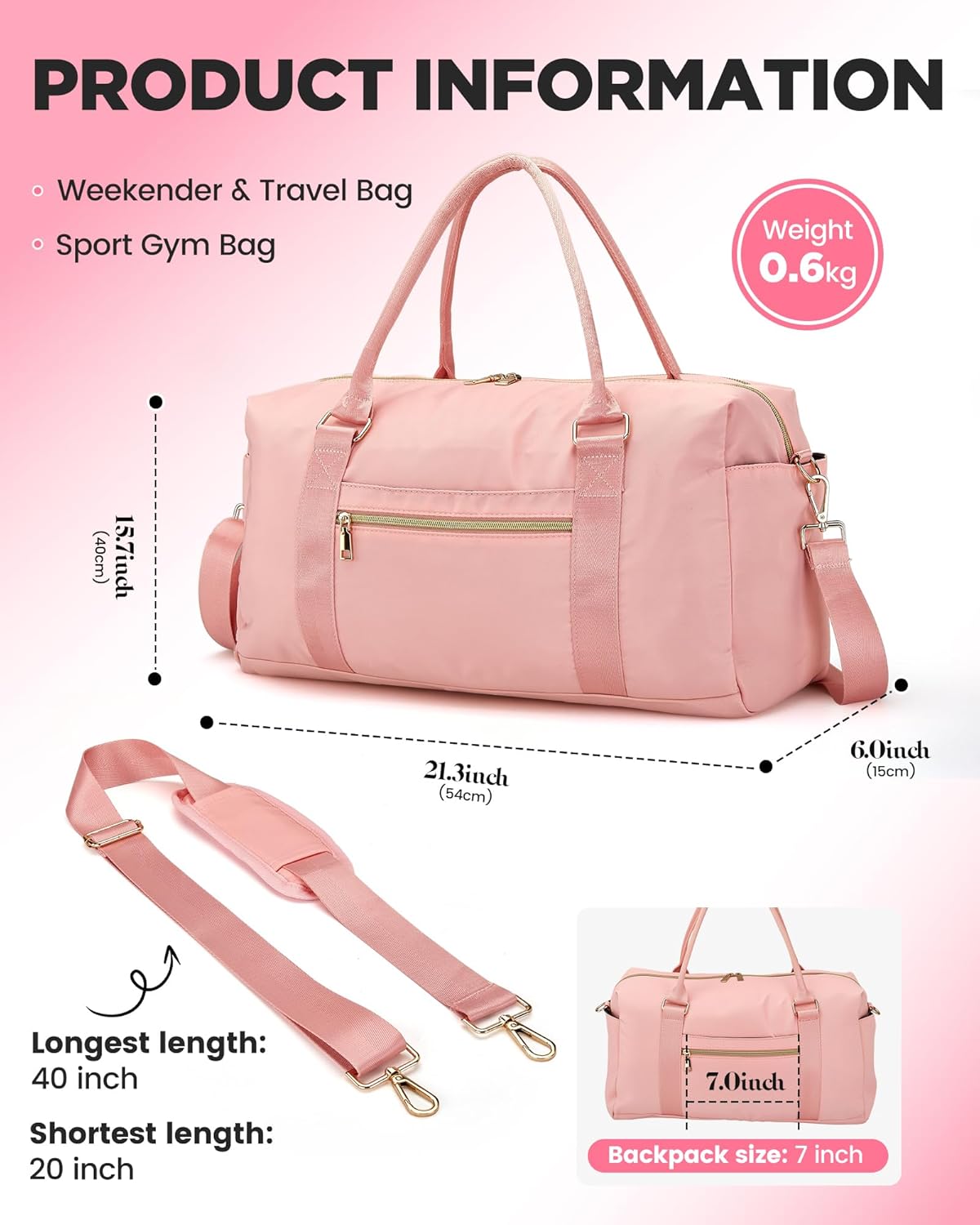 Amechi Weekender Bags for Women with Wet Pocket, 37L Waterproof Travel Duffel Bags with 7" Wide Trolley Sleeve, Carry On Bag for Travel, Gym Bag, Hospital Bag for Labor and Delivery, Coral Pink