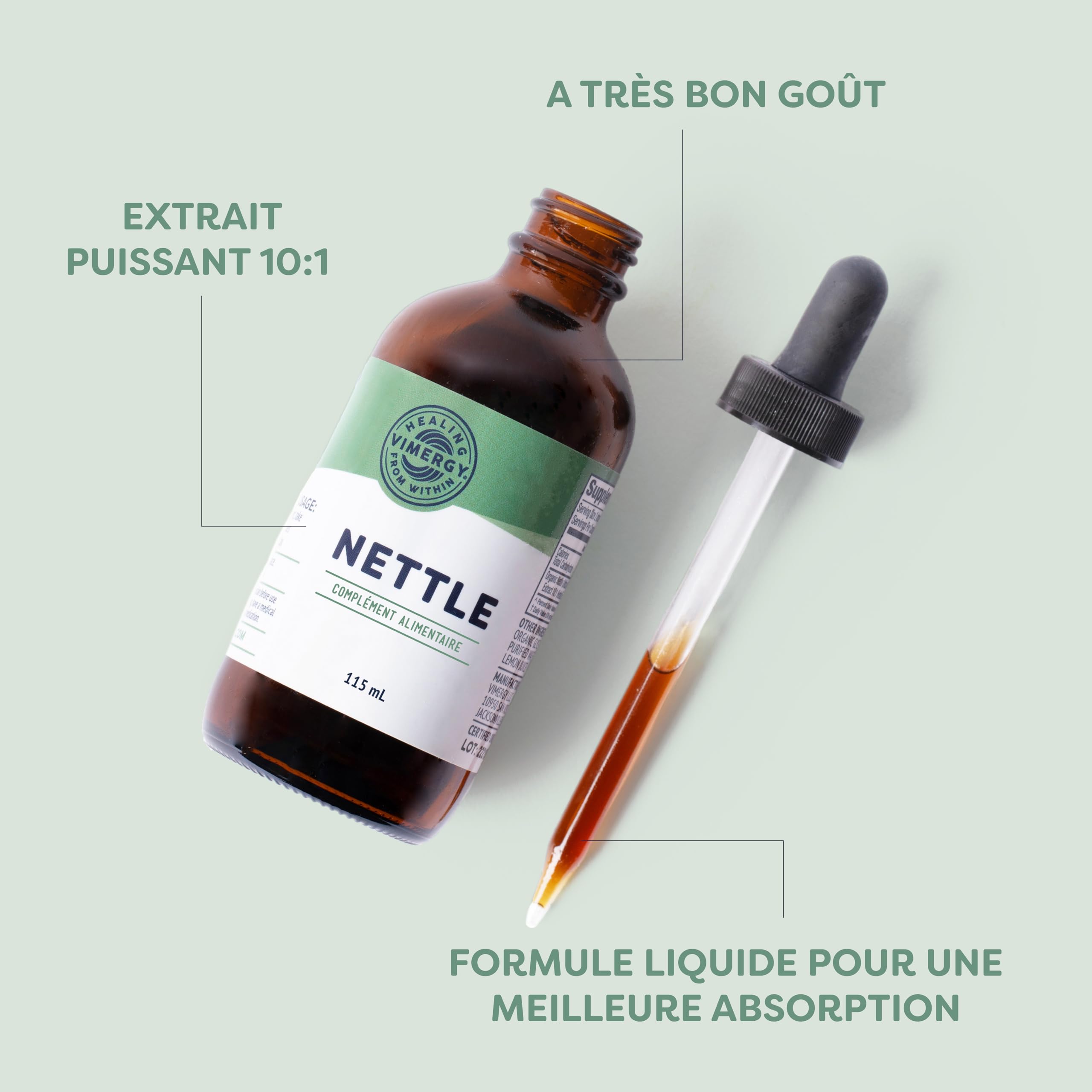 Vimergy Ortie, 57 Portions – Complément à base d'Ortie – Complément d'Ortie Liquide avec de la Glycérine – Complément Végétalien – Formulé sans Sucre ni Liant – Sans OGM et sans Gluten (115 ml)