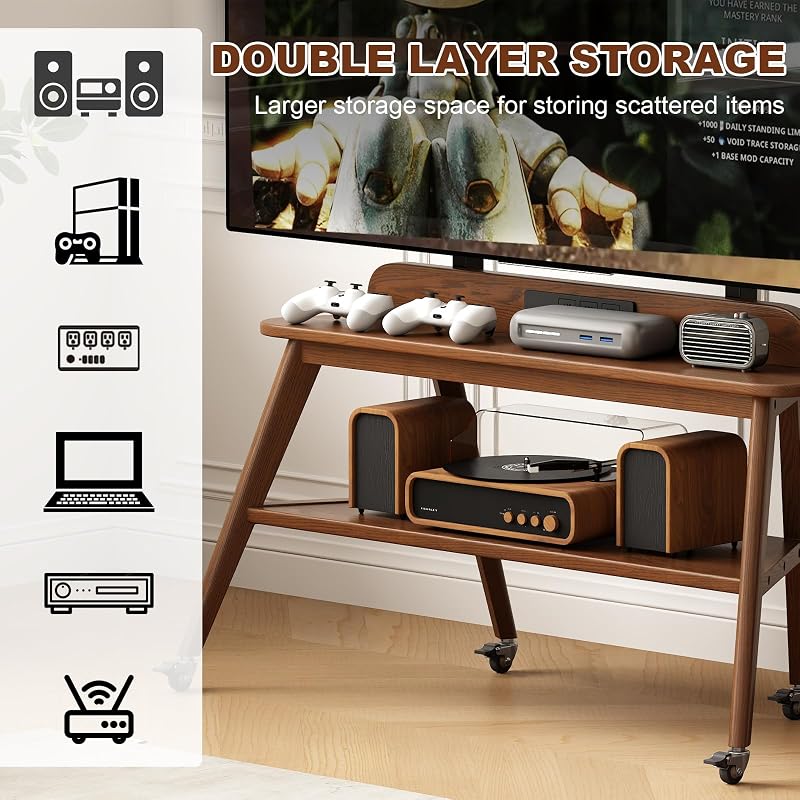 Solid Wood Rolling TV Stand with Power Outlet, Mobile TV Stand image 5