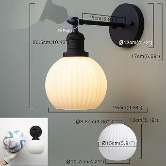 PERMO Vintage Wall Sconce Adjustable Black Sconce Globe Vanity Wall Light with Milk White Glass Shade for Farmhouse Bedroom Living Room Loft