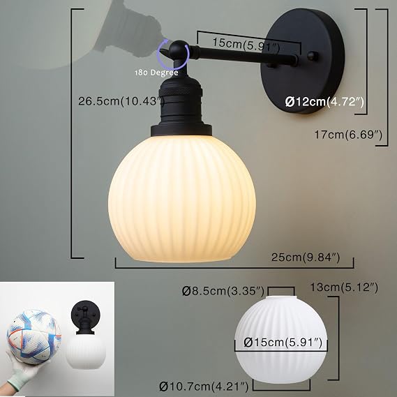 PERMO Vintage Wall Sconce Adjustable Black Sconce Globe Vanity Wall Light with Milk White Glass Shade for Farmhouse Bedroom Living Room Loft