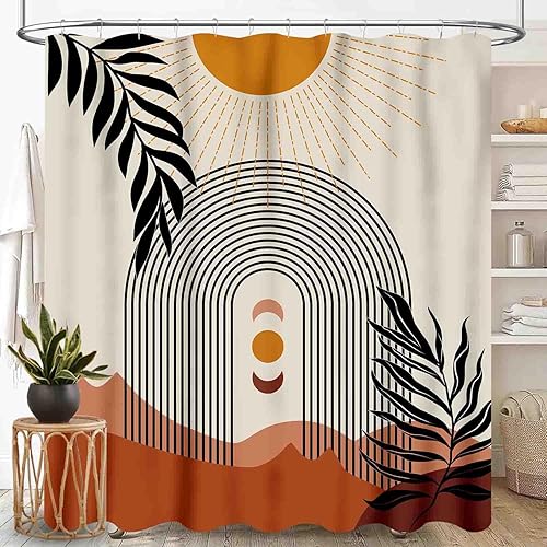 Miniatura 26 de Cortina de ducha con diseño floral hippie, estilo retro de los años 70, diseño de margaritas naranjas, bonitas, estéticas, bohemias, divertidas,