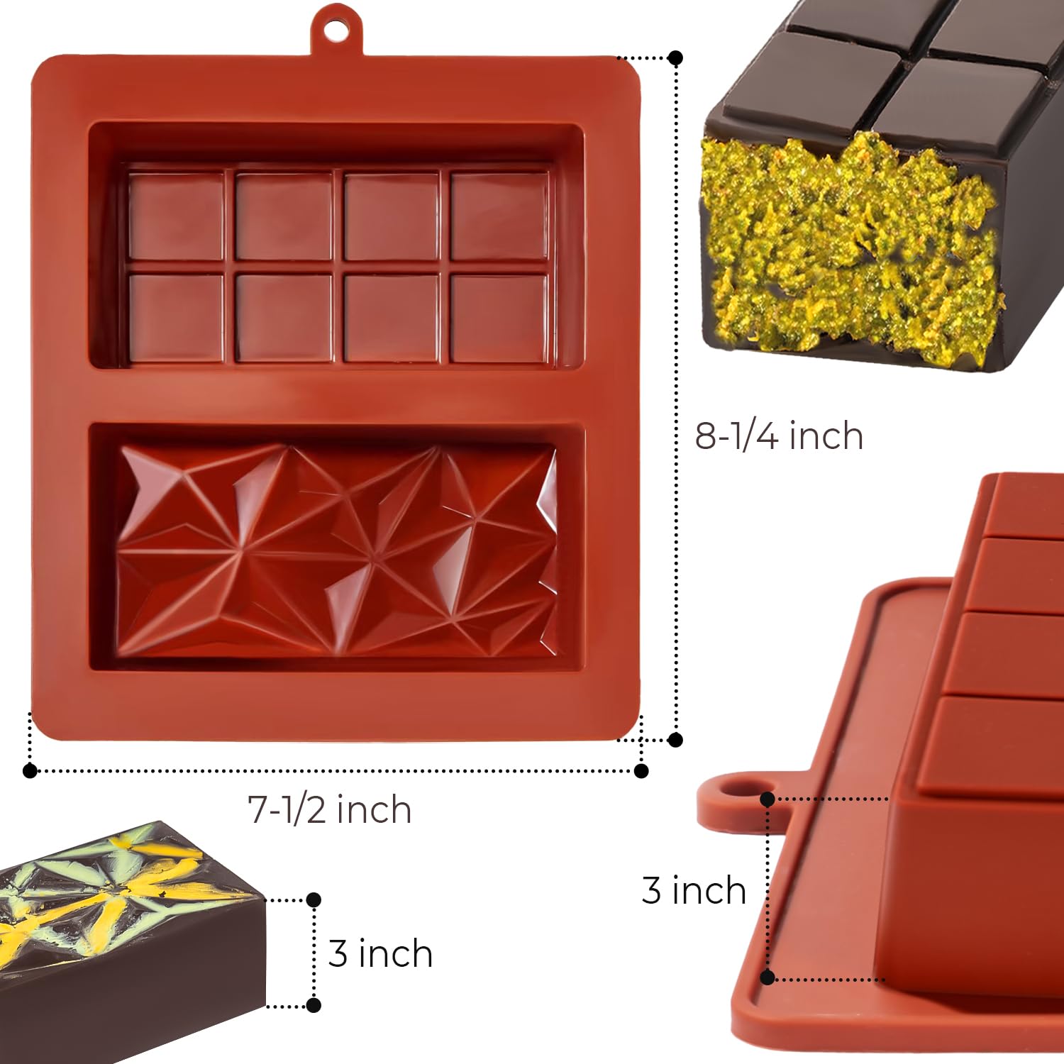UWILLION Tiefe Schokoladenriegel-Form, Silikon, 7,6 cm, große Pistazien-Schokoladenformen, dicke Süßigkeitenriegel-Formen für gefüllte Bars, Seifen
