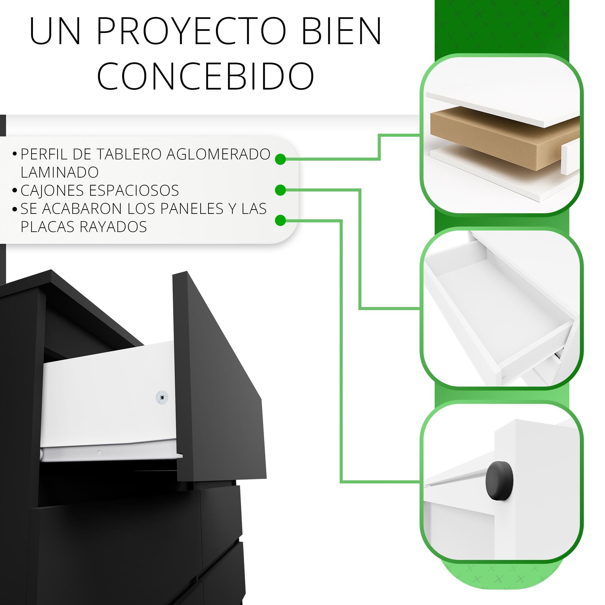 CDF Cómoda 6 Cajones Cajonera Dormitorios Comoda Moderna de Dormitorio Sinfonier Cómoda de Noche Armario de Almacenamiento, Mueble para Ropa - Placa laminada 16 mm Negro 30x120x75 cm