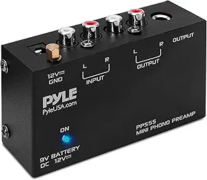 Pyle Phono Turntable Preamp - Mini Stereo Preamplifier with 9V Battery - 12V DC Power Adapter - RCA Input/Output - Low Noise - Ideal for Phonograph and Vinyl - PP555