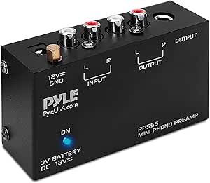 Pyle Phono Turntable Preamp - Mini Electronic Audio Stereo Phonograph Preamplifier with 9V Battery Compartment, DC 12V Power Adapter, RCA Input/Output &amp; Low Noise Operation (PP555), 6X6X6