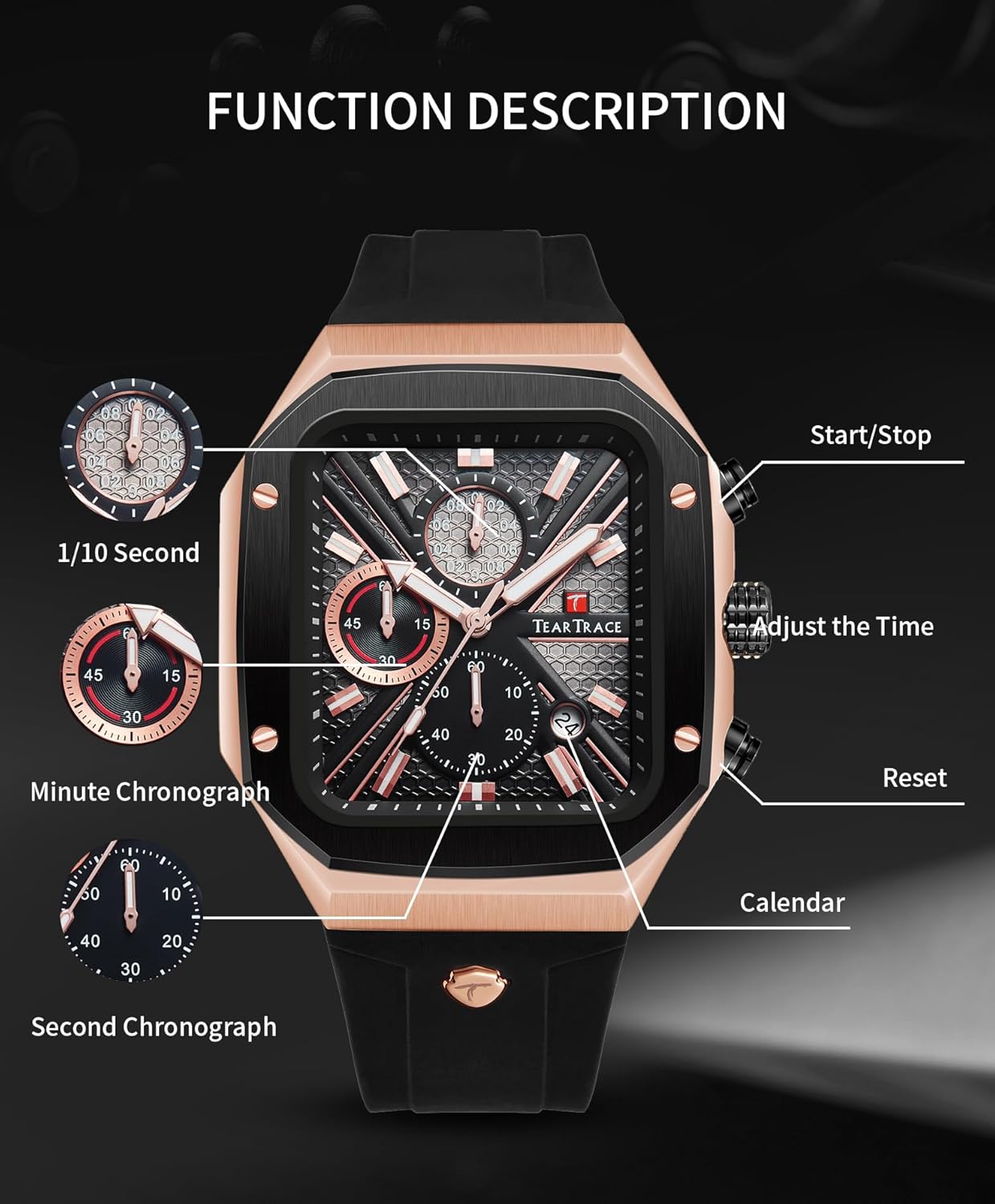 Rectangle Mens Watches Luminous Waterproof Luxury Dress Men's Wrist Watches Chronograph Analog Square Watch for Men with Silicon Strap - Image 5