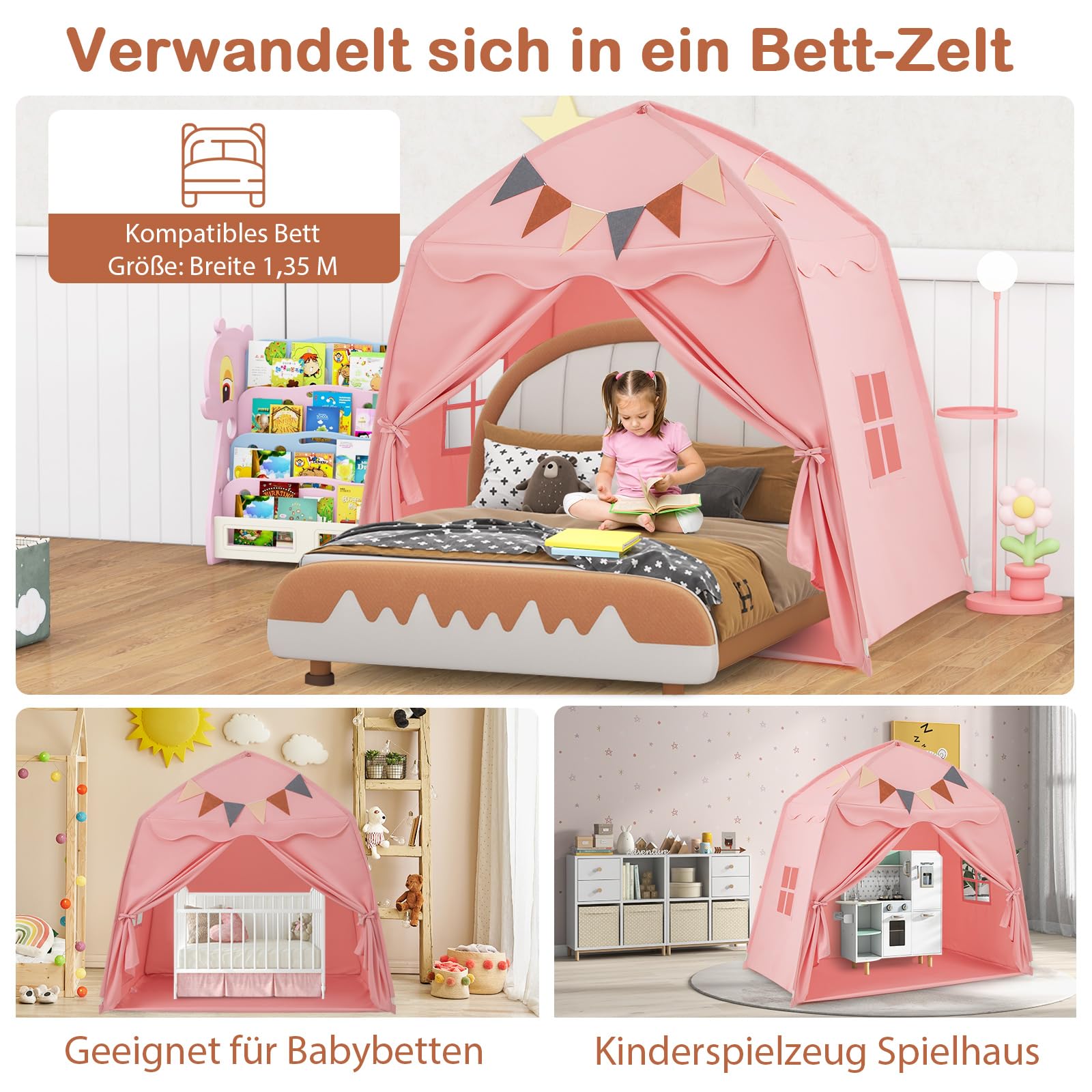 COSTWAY Spielhaus Kinder Indoor, Kinderzelt mit Flaggen & Lichterketten, Prinzessin Spielzelt, Großes Zelt Kinderzimmer für Jungen und Mädchen ab 3 Jahren, 157 x 98 x 148 cm (Rosa)