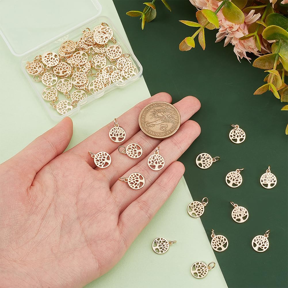 PH PandaHall 50pcs Tree of Life Charms, Real 14K Gold Plated Tree Charms 10mm Jewelry Making Charm Metal Alloy Pendants Circle Pendants with Jump Ring for DIY Necklace Craft Making - Image 3