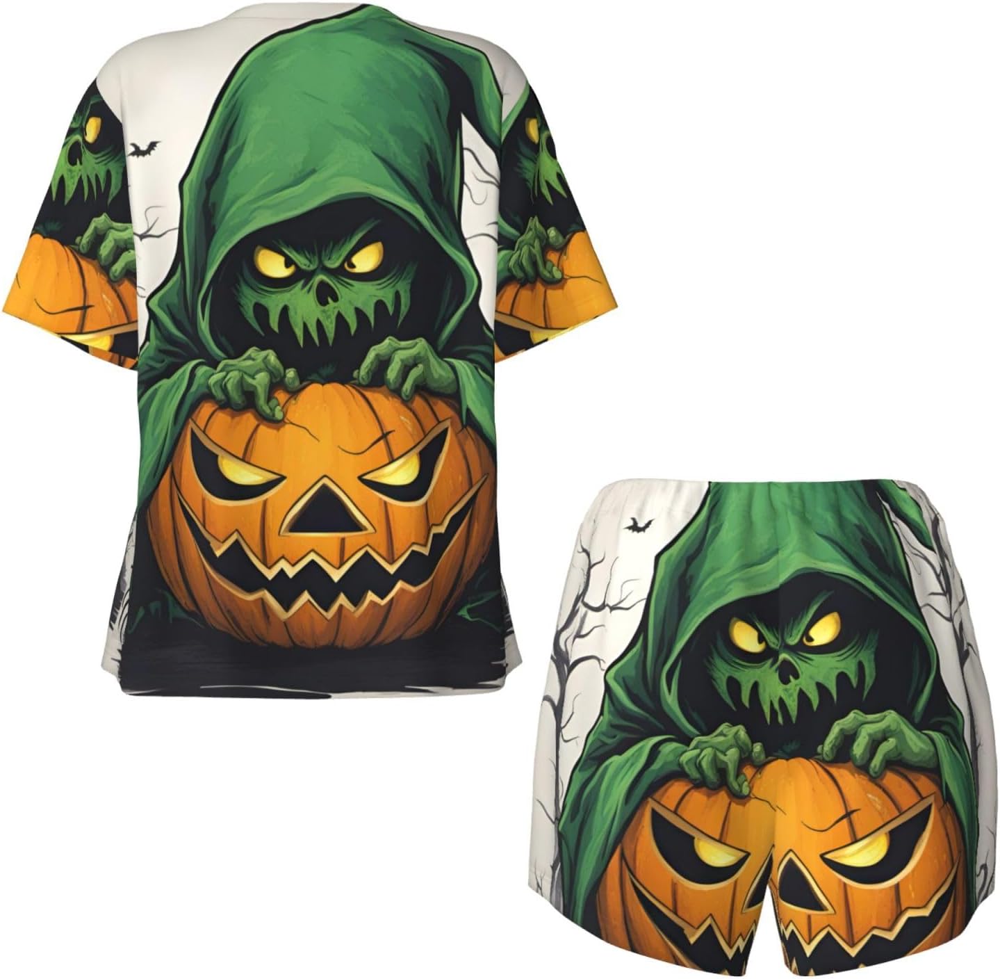 Green Ghost Horror Halloween Pumpkin Print Women'S Short Sleeve Pajama Set,Stylish Comfortable,For Lounging Relaxing