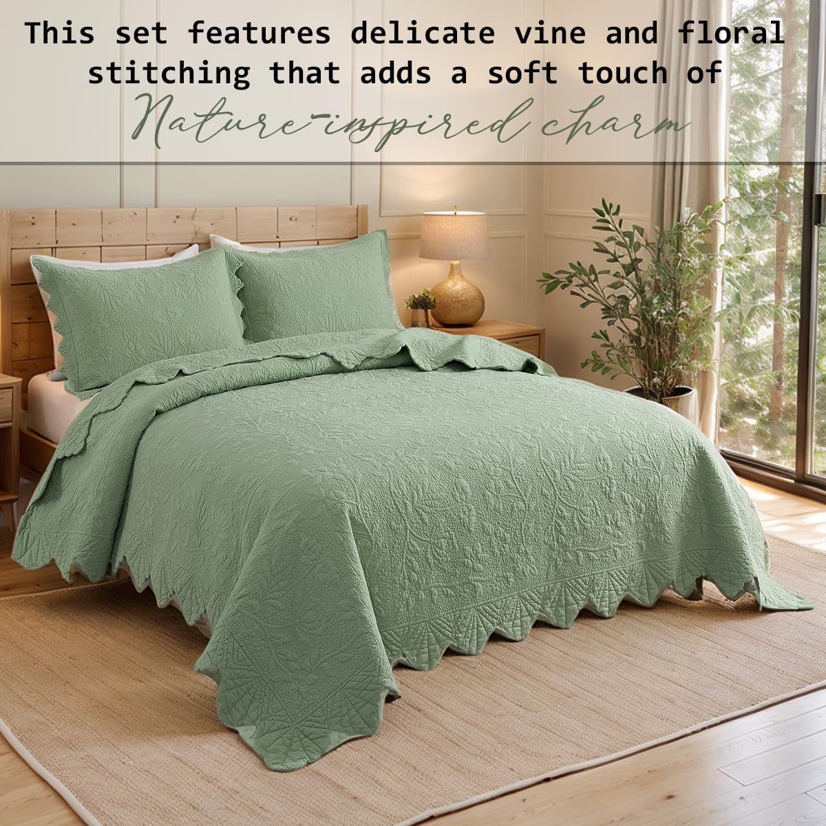 Brandream Full Size Quilt Set Cotton Sage Green Quilts Farmhouse Cottagecore Bedding Matelasse Coverlet Set Scalloped Edge Quilts 3-Piece
