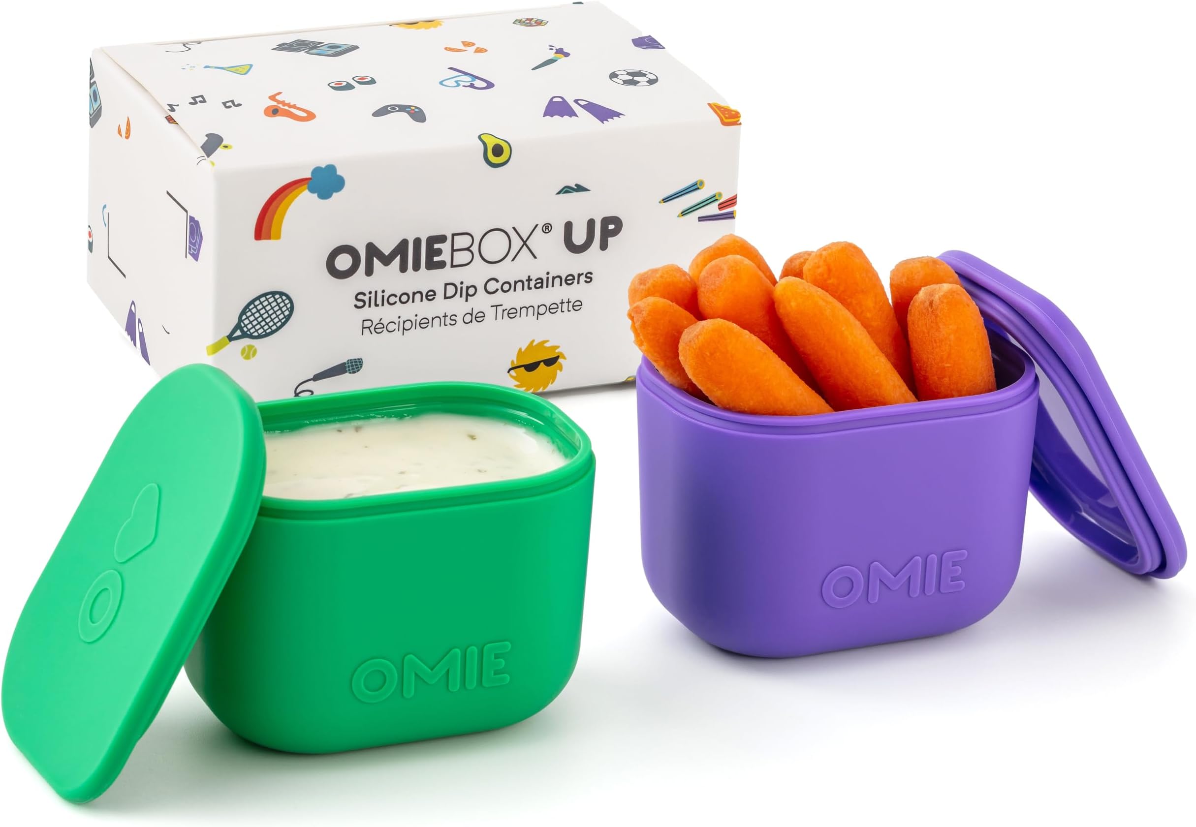 OmieBox UP (2 pack) Leakproof Dips Containers To Go, Salad Dressing Container, Condiment Container with Lids - Food Safe Silicone - 4.5 ounces (Purple/Green)