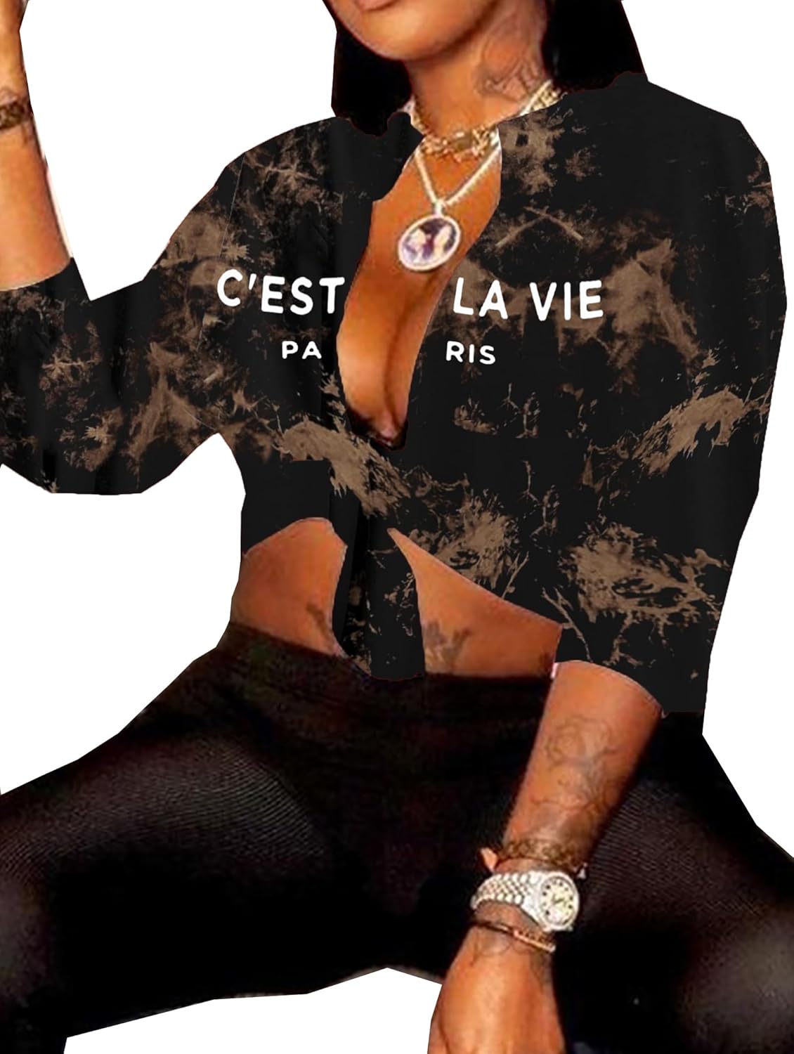 Sexy Tie Front Crop Top for Women Long Sleeve Graphic Tee Shirt Clubwear - Image 2