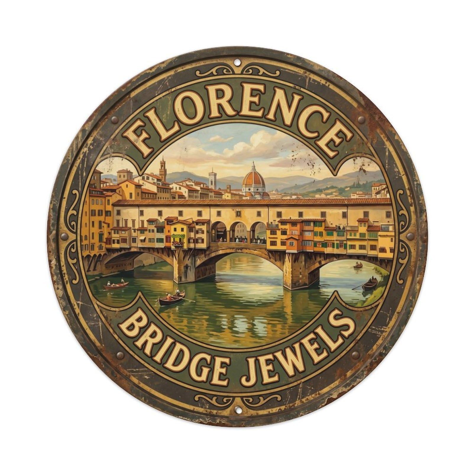 Vintage Travel Florence Ponte Vecchio Metal Tin Sign Plaque Wall Decor for Cafe, Club Bar, Office, Home Garden Round Metal Poster 8x8Inch