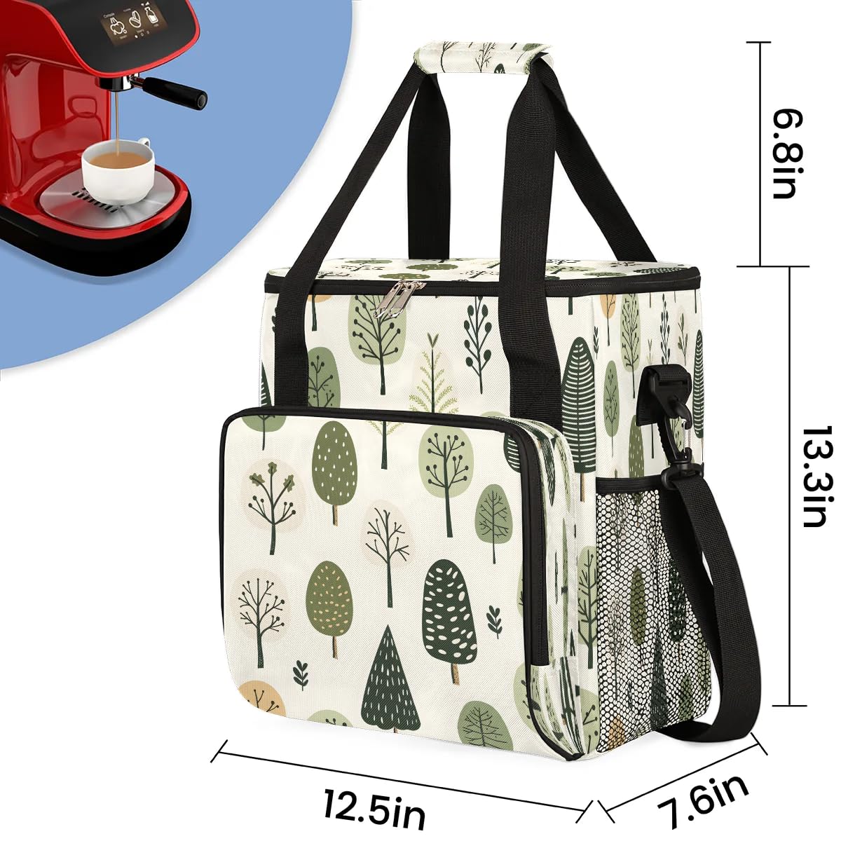 Gublec Cute Trees Print Coffee Maker Carrying Bag Compatible with K-Mini or K-Mini Plus Portable Single Cup Coffee Maker Case with Pockets for K Cup Pods
