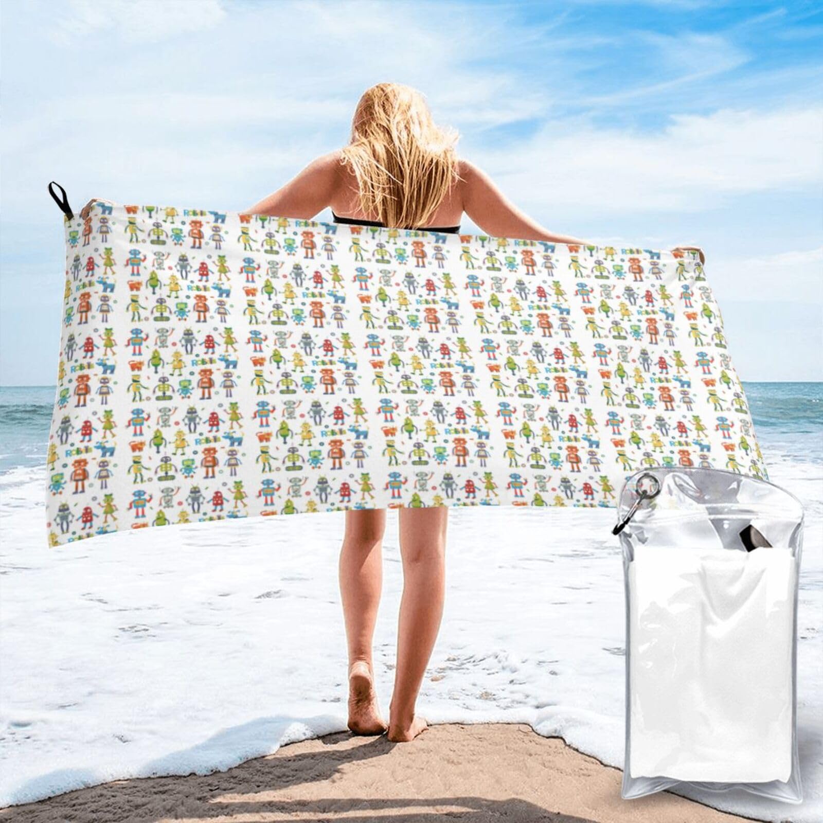VCzsdff Cute Cartoon Robots Print Quick Dry Towel Compact Beach Shower Wrap For Camping Fitness