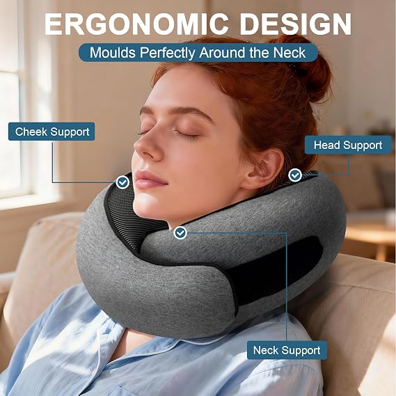 Memory Foam Travel Neck Pillow, 360° Support with Eye Mask&Earplugs | Adjustable Wraparound Fit, Slow-Rebound Memory Foam, Washable Cover And Carry Bag For Flights, Trains And Car Journeys