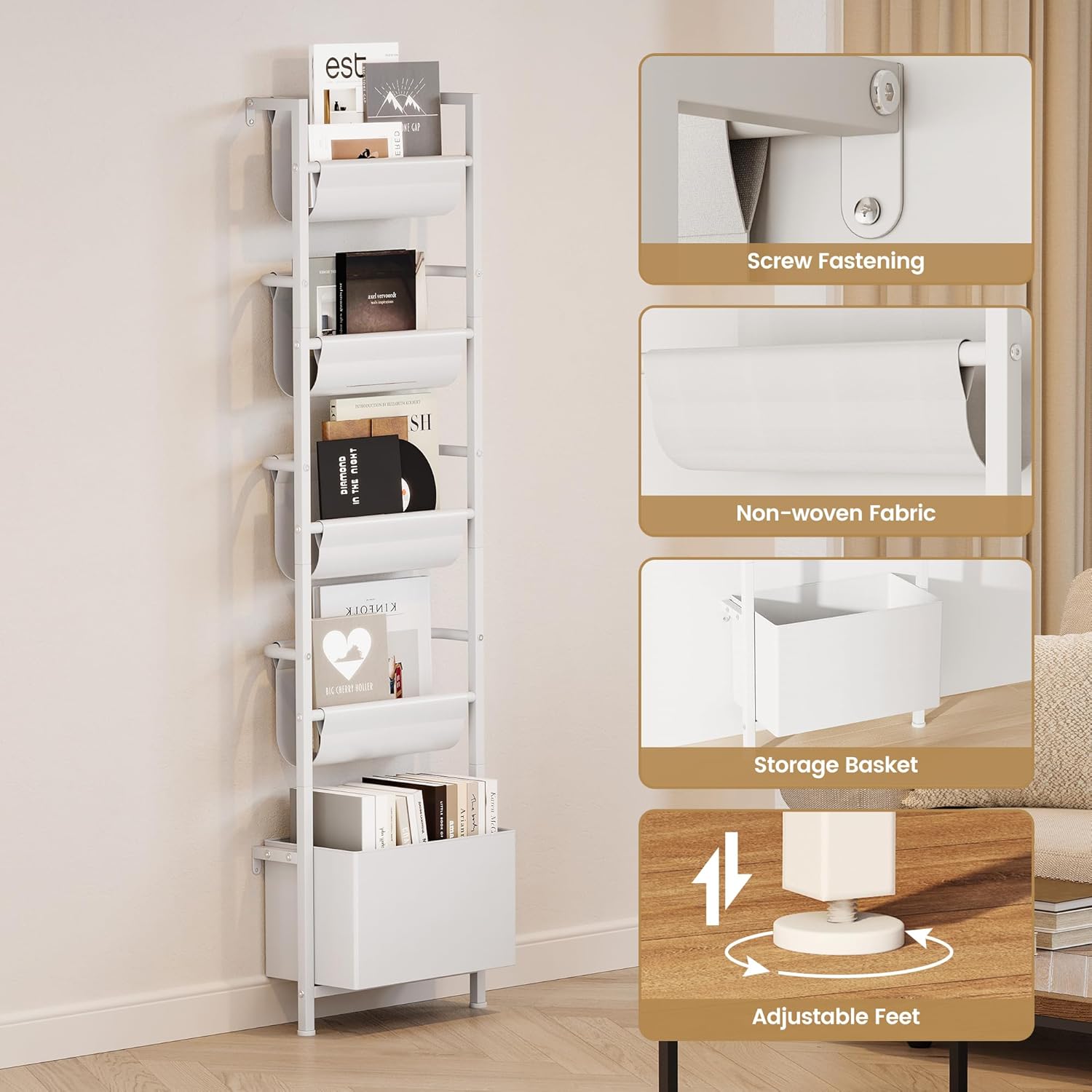 Homeiju Wall Mounted Kids Bookshelf with Storage Bin, 5-Tier Ladder Shelf, Suitable for Books, Toys, Magazines, Documents, Albums, White