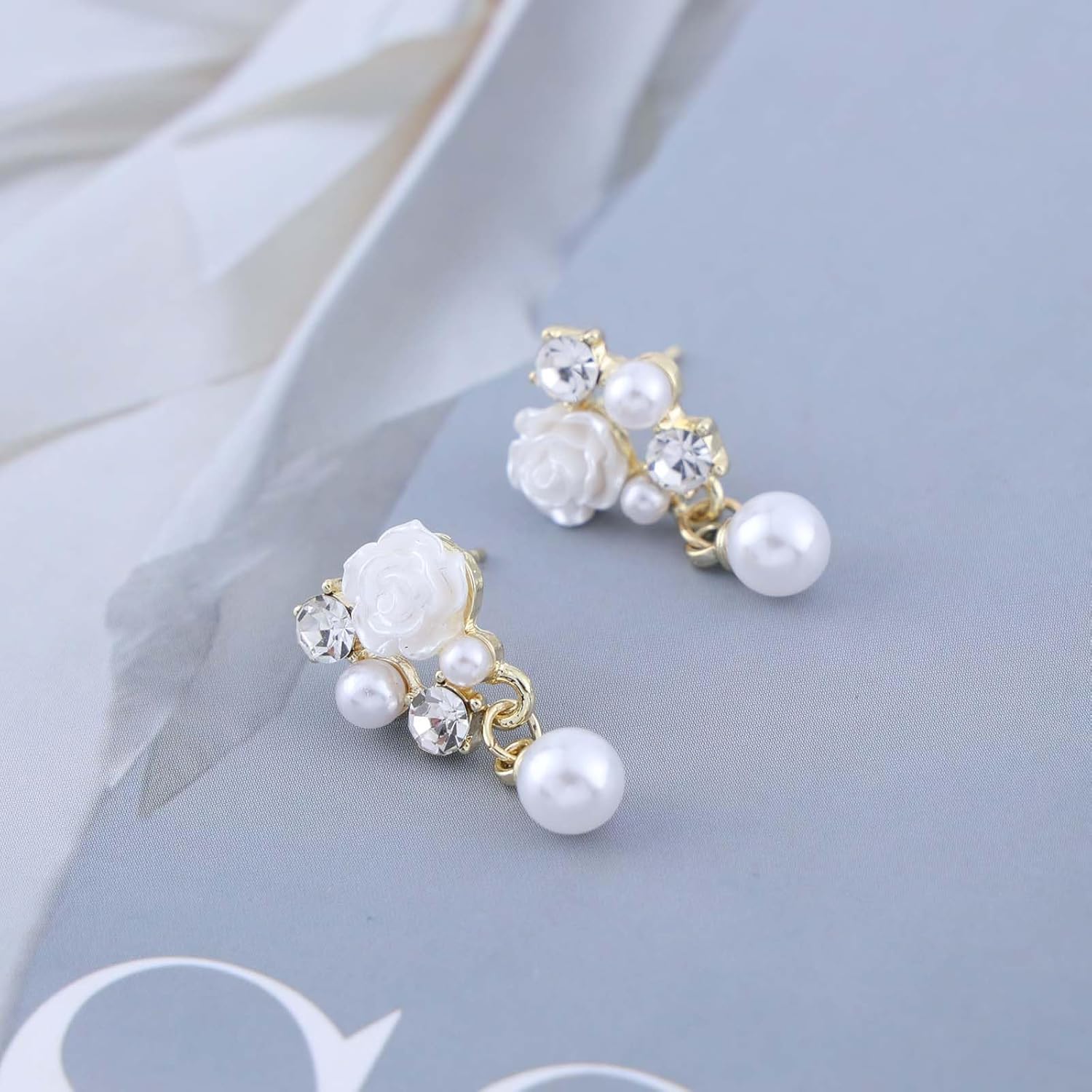 Bohemian Camellia Pearl Dangle Earrings Gold Crystal Cz Pearl Drop Earrings White Camellia Flower Stud Earrings Enamel Camellia Pearl Earrings Jewelry for Women - Image 3