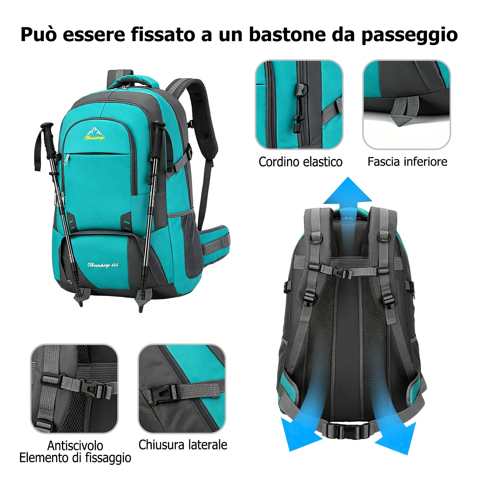 Zaino Escursionismo 60L Grande Zaino Campeggio con Sistema Dorsale Traspirante Zaini da Viaggio Outdoor Resistente All'acqua per Donna Uomo Arrampicata Sport Blu Scuro