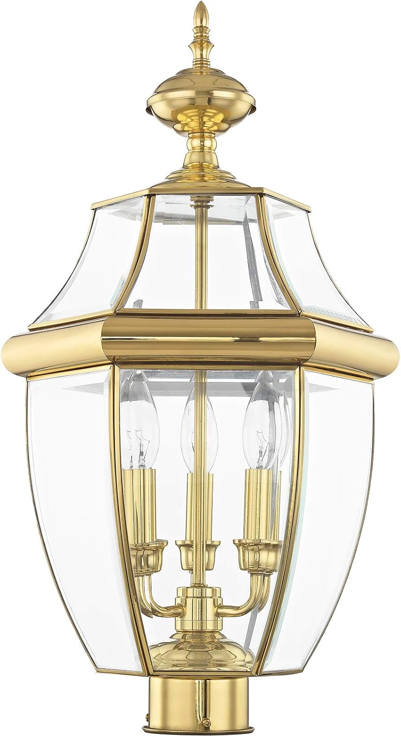 Livex Lighting Lantern 2354-02 Monterey 3 Light Outdoor Polished Brass Finish Solid Brass Post Head with Clear Beveled Glass, 17" x 9" x 11"