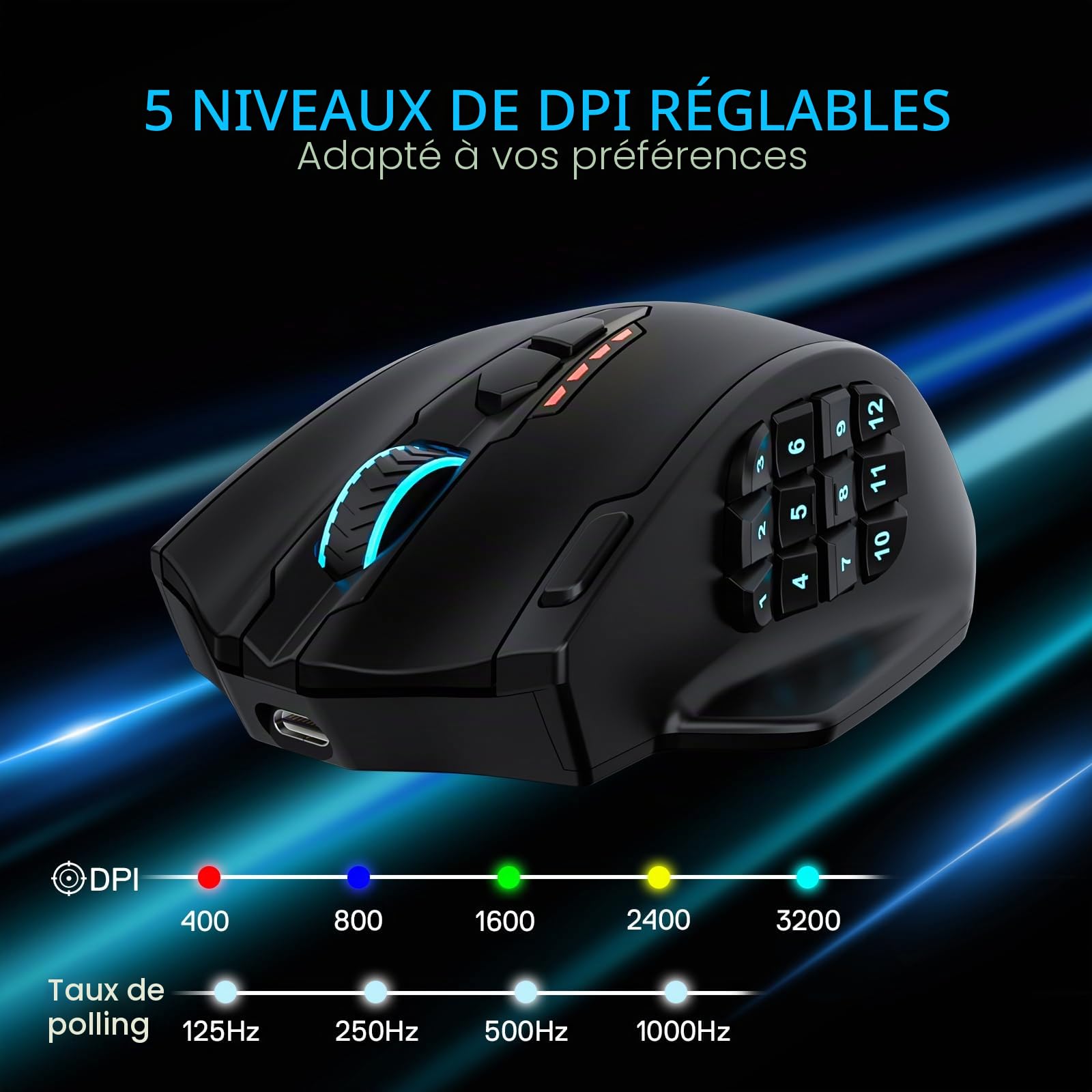 Redragon M913 Max Souris MMO sans Fil 26000 DPI 16 Boutons | souris gaming MMO optique sans fil 26000 DPI 16 boutons programmables BT 2.4G support logiciel