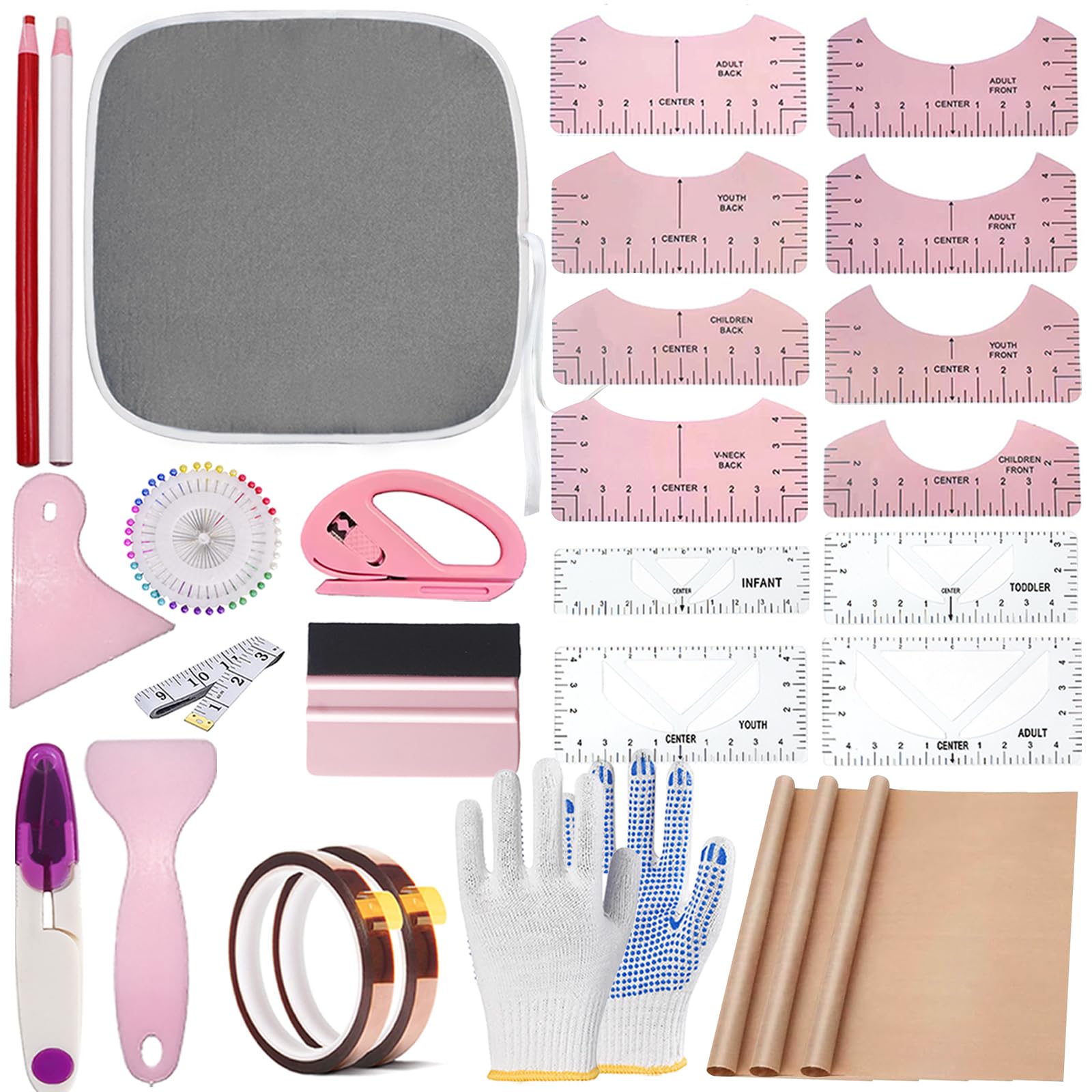 Kit de herramientas para sublimación de camisetas (67 piezas) para alineación de vinilo, almohadilla portátil para planchar, reglas, guía y lámina de teflón para prensas de calor Cricut, vinilo HTV, diseños centrales, accesorios de costura artesanal.