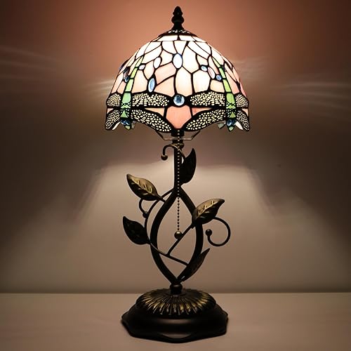 Miniatura 6 de Small Tiffany Lamp Pink Dragonfly Style Stained Glass Table Lamps Desk Bedside Reading Light 8X8X18 Inches with Bronze Metal Leaf Resin Base Pink