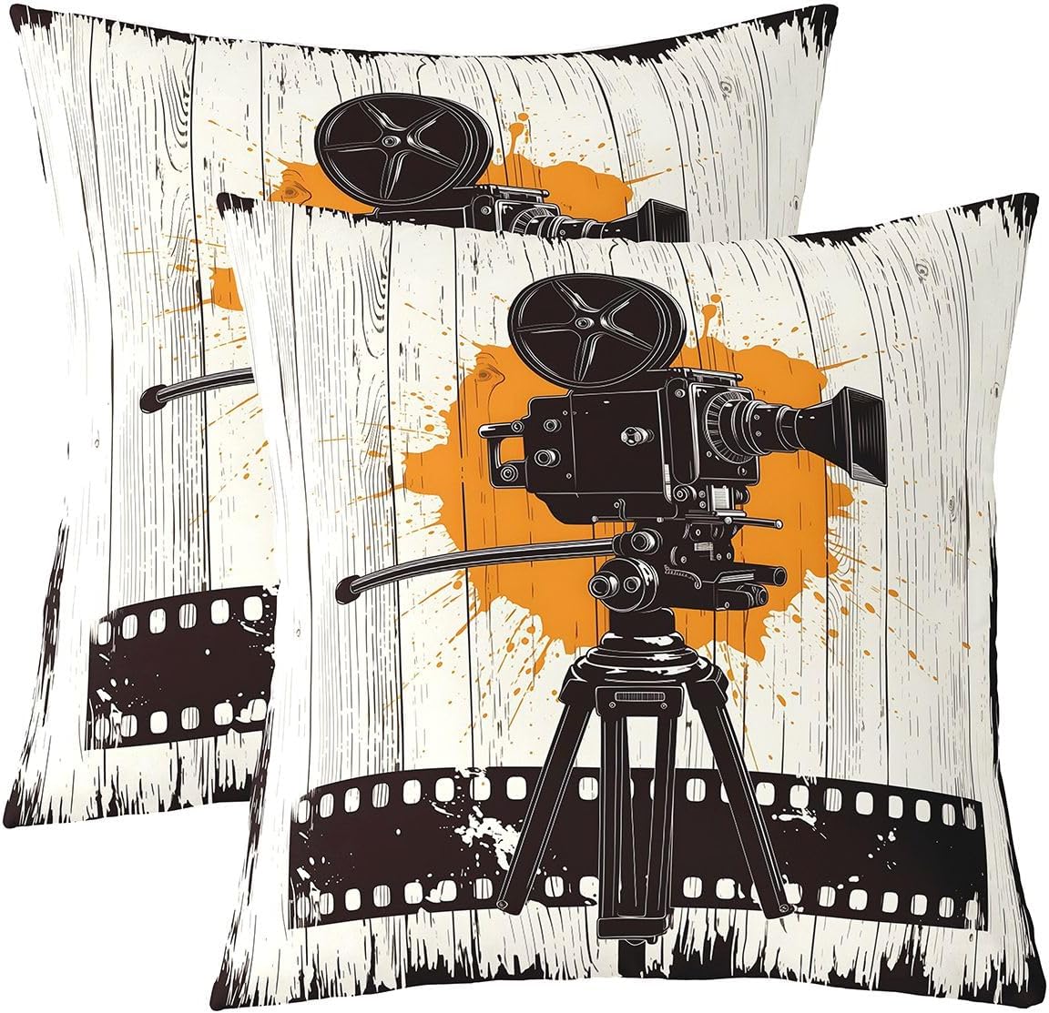 Erosebridal Movie Theater Set of 2 Throw Pillow Cover 18x18 Camera Cushion Cover Vintage Film Board Cushion Case Retro Tripod Cinema Decorative Pillowcase