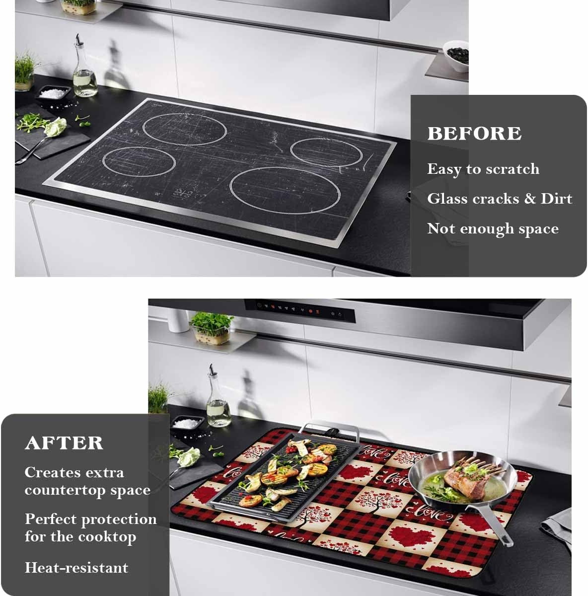 Stove Cover, Stove Top Covers for Electric Stove, Valentine's Day Red Love Heart Retro Plaid Large Cooktop Cover Protector Heat Resistant Foldable Rubber Anti-Slip Mat for Glass Stove Top 28.5"x20.5"