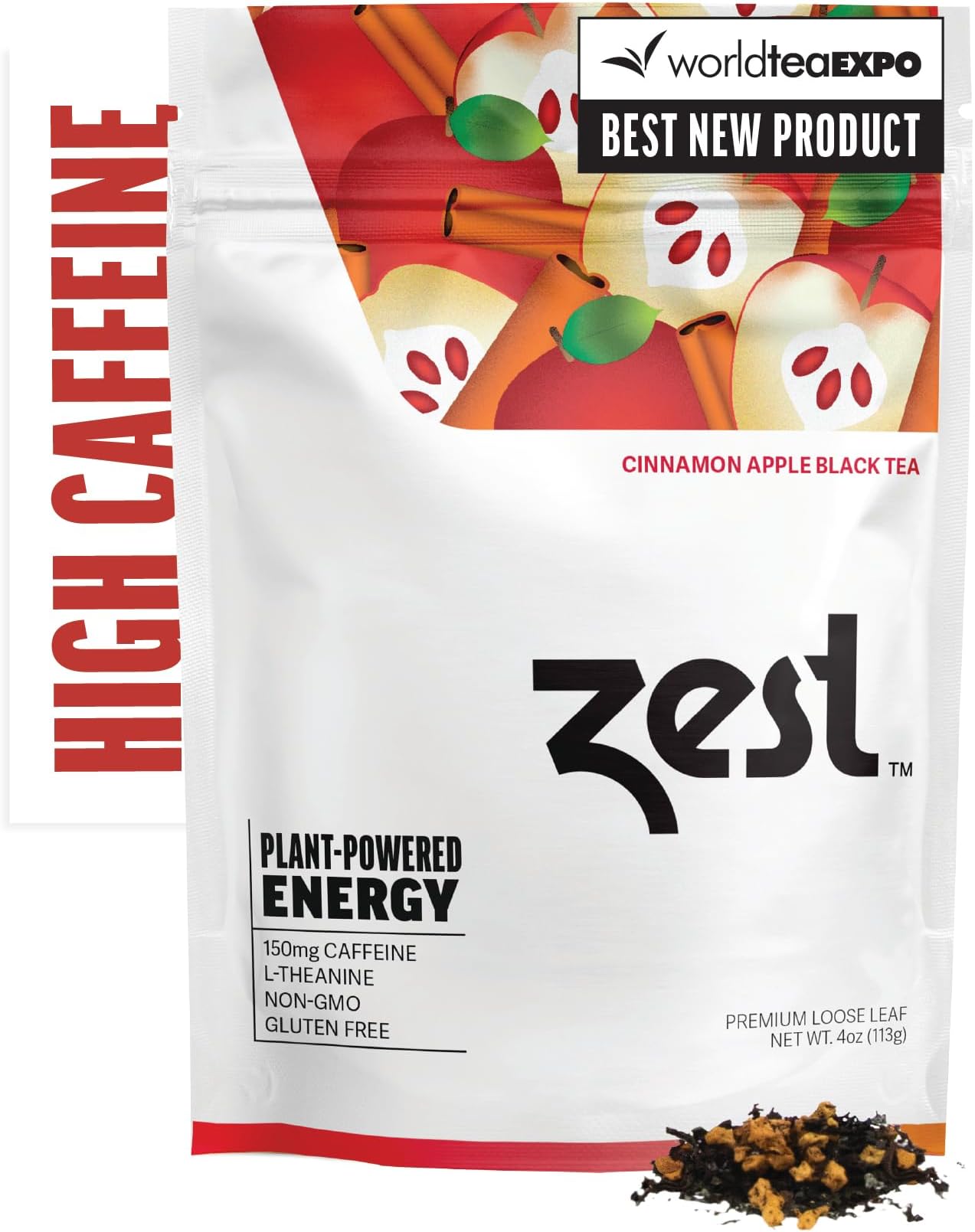 Zest Energy Tea - Cinnamon Apple Spice High Caffeine Black Tea Loose Leaf Blend - Caffeinated Coffee Altnernative/Substitute - Natural, Non-GMO & Keto Friendly - Hot or Iced - 50 Servings - 150mg Caf