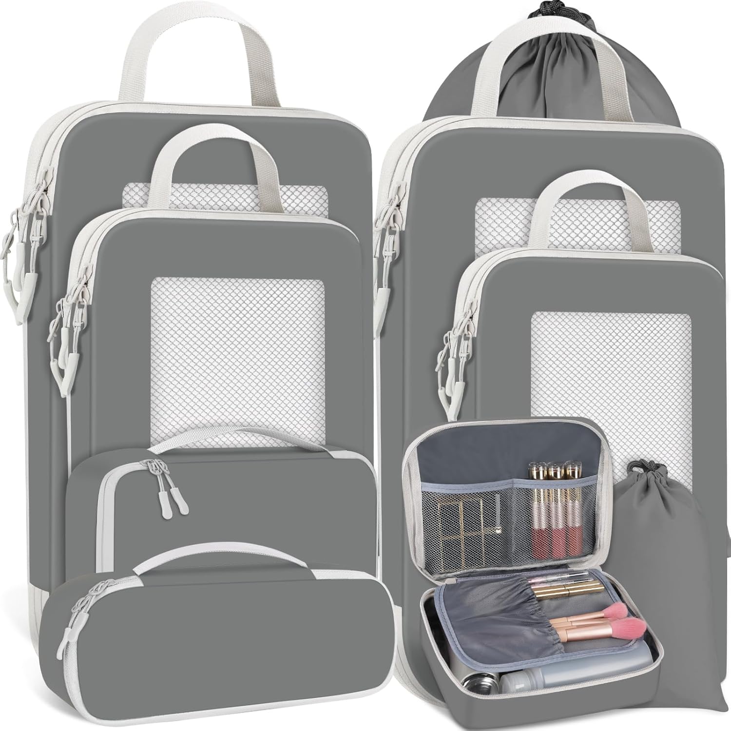 Packing Cubes – 9 PCS Compression Packing Cubes, Extensible Suitcase Organiser Bags Travel Luggage Organiser Set for Backpack Essentials or Home Storage (Grey)