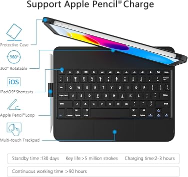KARFUN Keyboard Case for iPad A16 11th Gen 2025 and iPad 10th Gene 2022 | 10 Color Backlight, Smart Off/Up, Multi-Touch Trackpad, 360° Rotatable Stand & Pencil Holder, Pen not included, Black