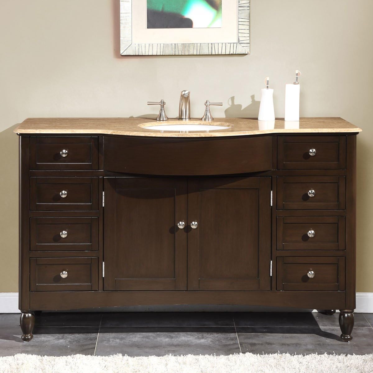 Silkroad Exclusive HYP-0717-T-UWC-58 Travertine Top Single Sink Bathroom Vanity with Dark Walnut Finish Cabinet, 58", Dark Wood