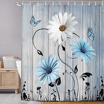 Rustic Farmhouse Floral Shower Curtain, Farm Teal Daisy Floral Butterfly Old Plank Rustic Shower Curtain, Turquoise Blue Fabric Bathroom Accessory Set with Hooks, 36 x 72,Blue