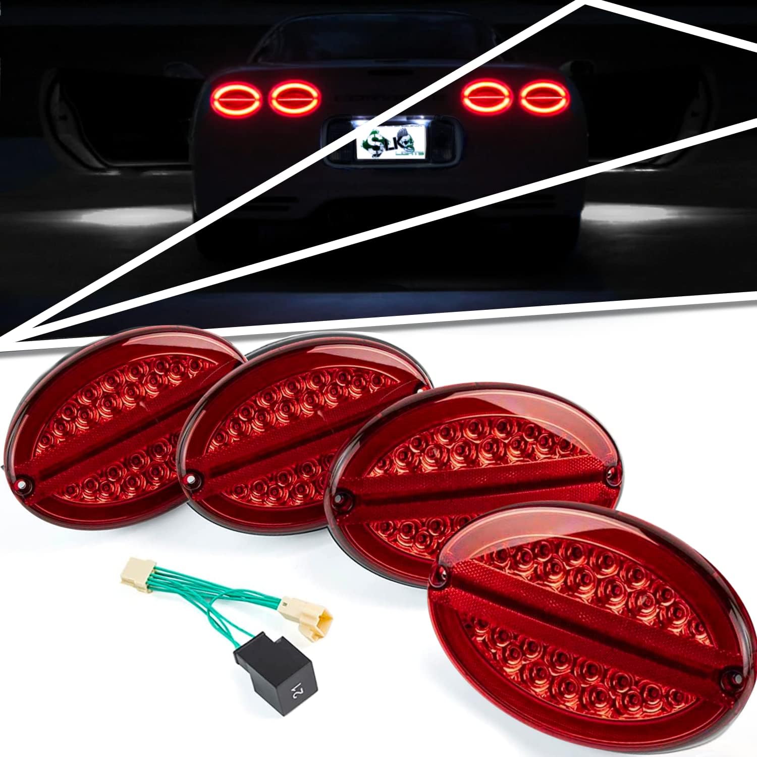 SLK Lights C5 Red Laser Halo LED Tail Lights turn signal blinker break lamp kit W/Hyper-Flash Harness compatible with 1997-2004 C5 Corvette OEM#16523533 16523534 (Red Tinted Lens)