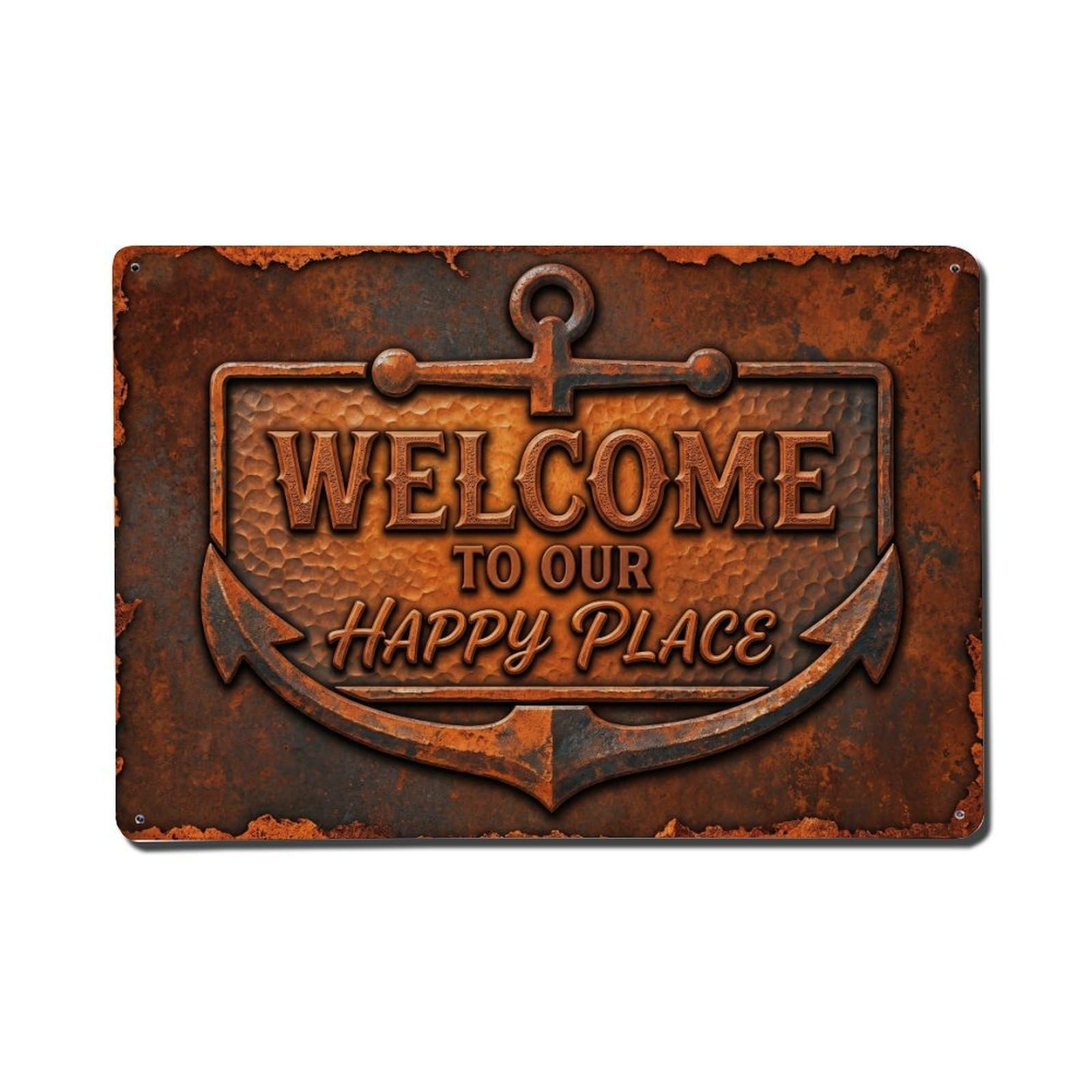 Welcome To Our Happy Place Vintage Anchor Forge 1 Metal Tin Sign Plaque Wall Decor for Cafe, Club Bar, Office, Home Garden Metal Poster 8x12Inch