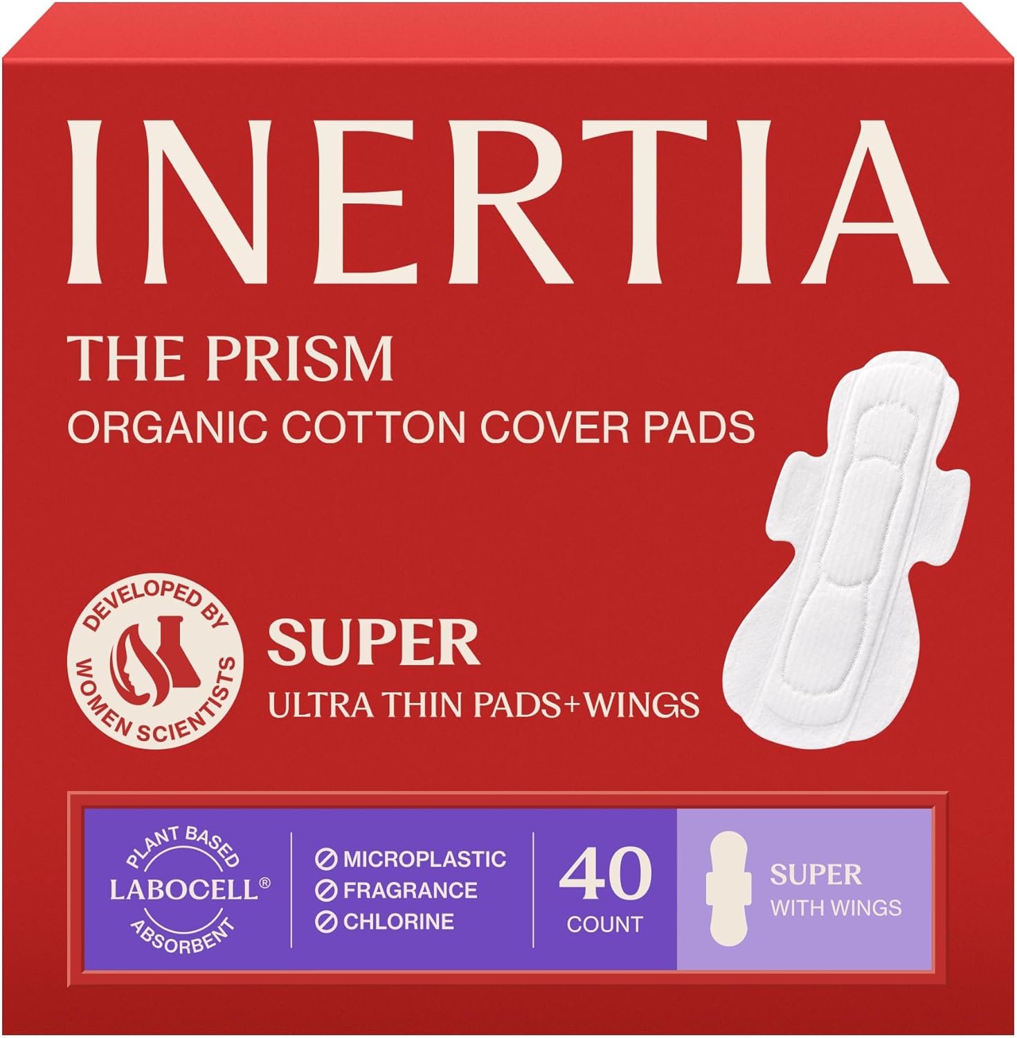 INERTIA The Prism White – Truly Organic Ultra Thin & Leak-Proof Organic Cotton Korean Pads with Wings | Heavy Absorbency | Hypoallergenic, Super Absorbent, Chlorine-Free & Fragrance-Free (40 Count)