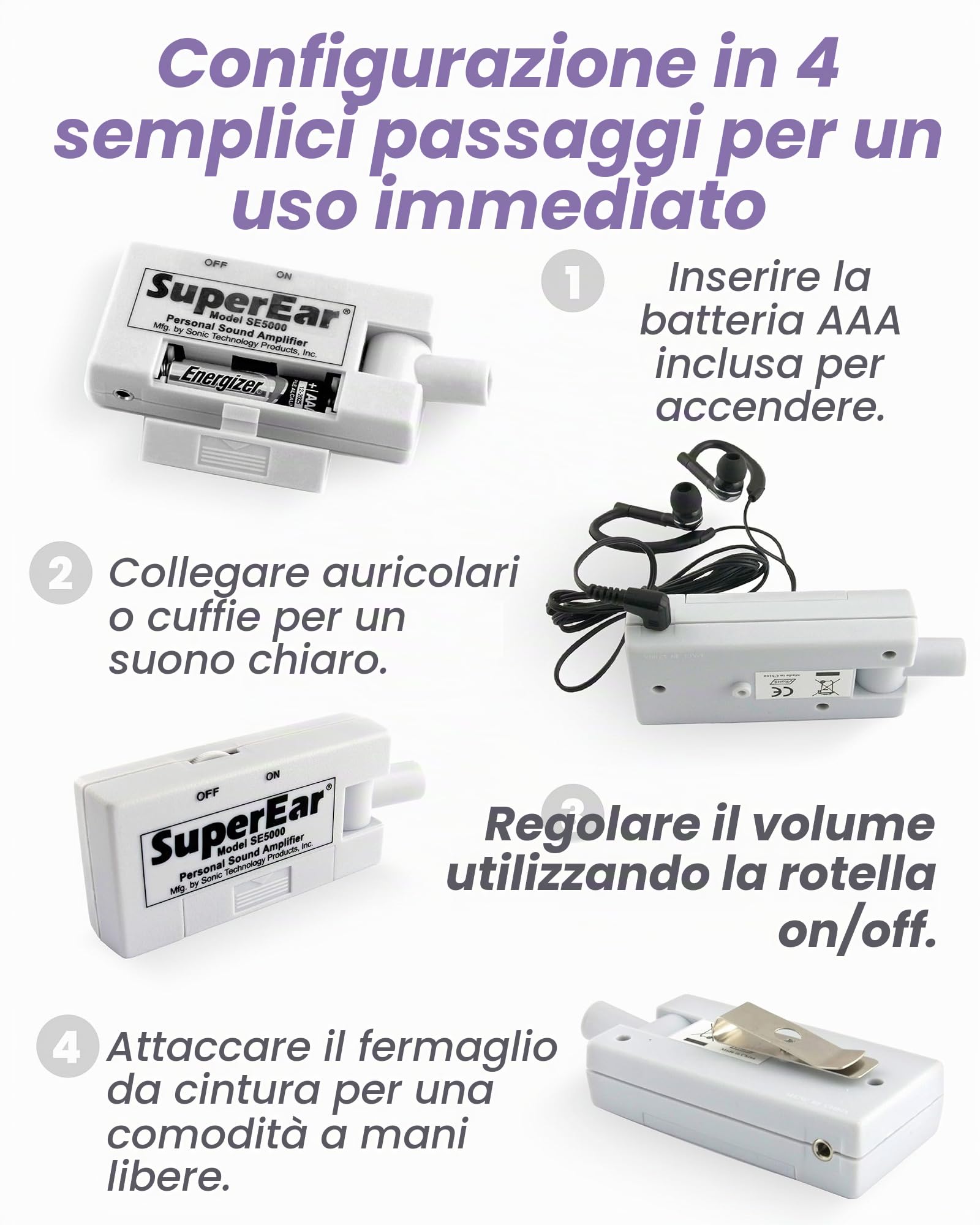 Amplificatore audio personale SuperEar modello SE5000 (PSAP), guadagno 50 dB, amplificatore audio tascabile portatile con cuffie, auricolari, controllo volume tattile on/off